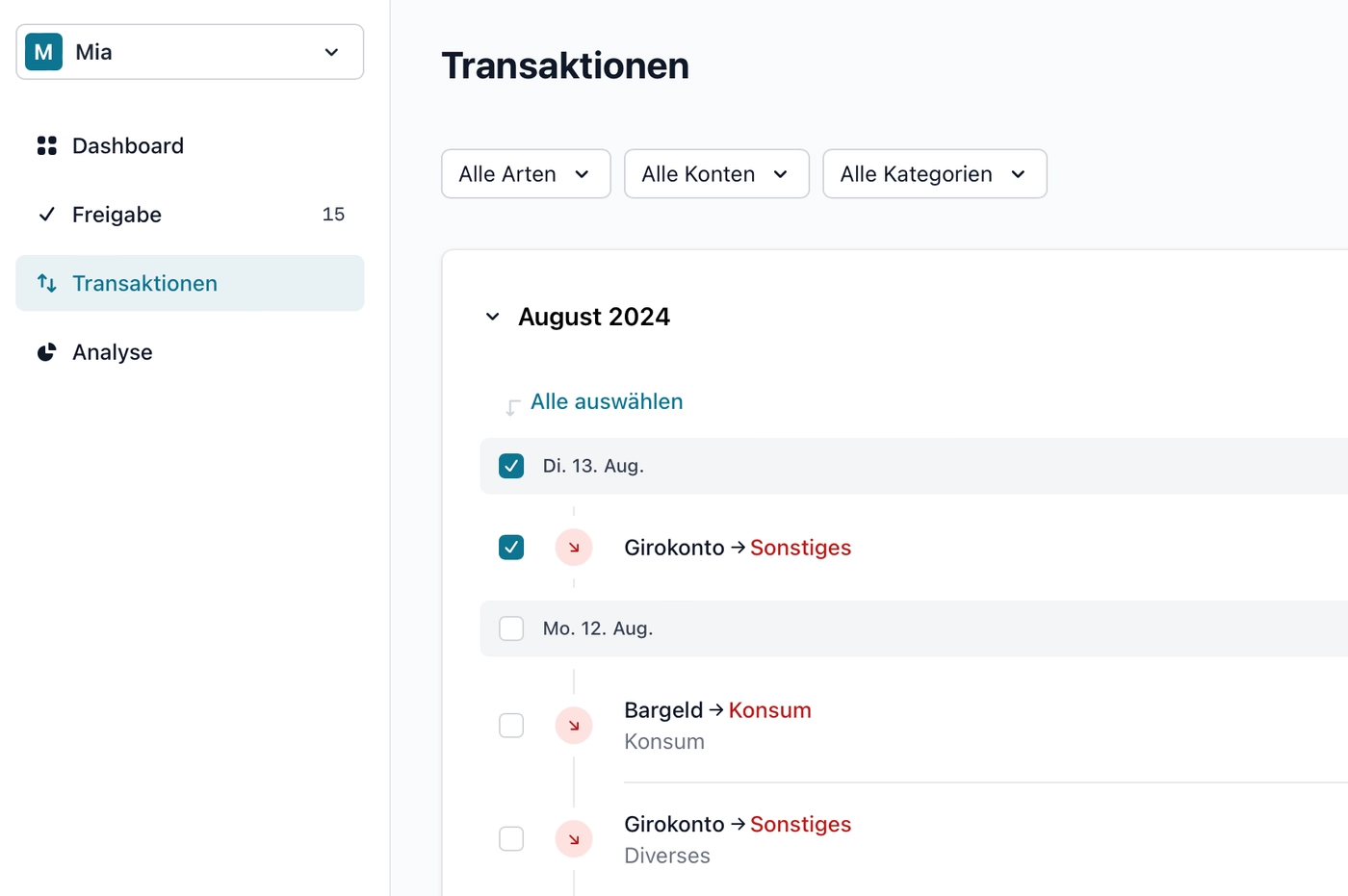 Auswahl von Transaktionen